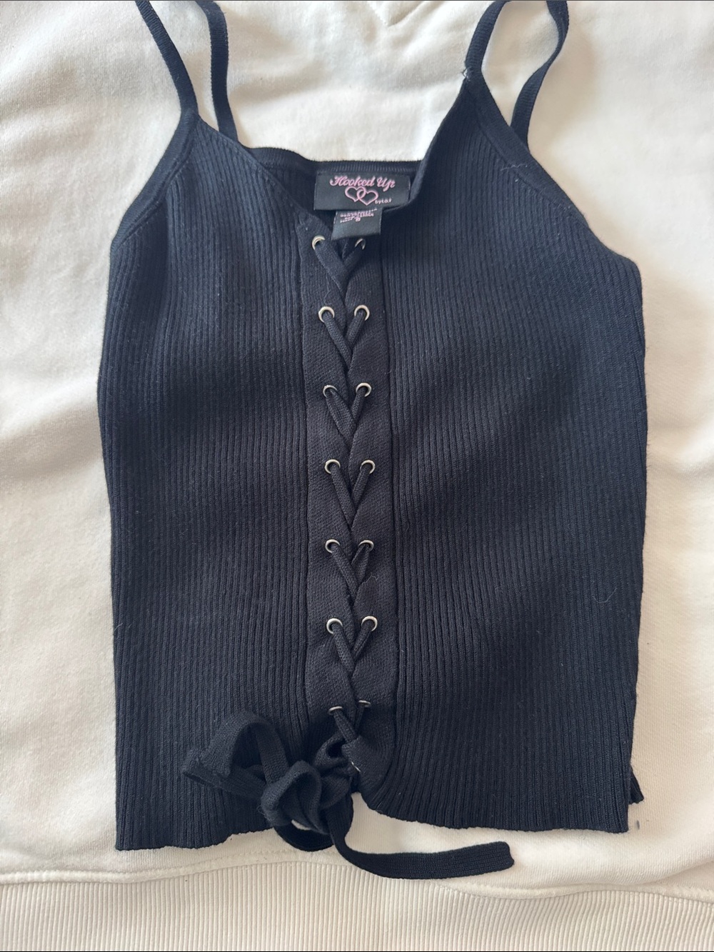 Hooked Up by IOT Black Ribbed Lace-Up Camisole